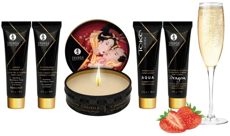 Shunga Geisha's Secret Kit Truskawka z Szampanem - zestaw do masażu i gier miłosnych