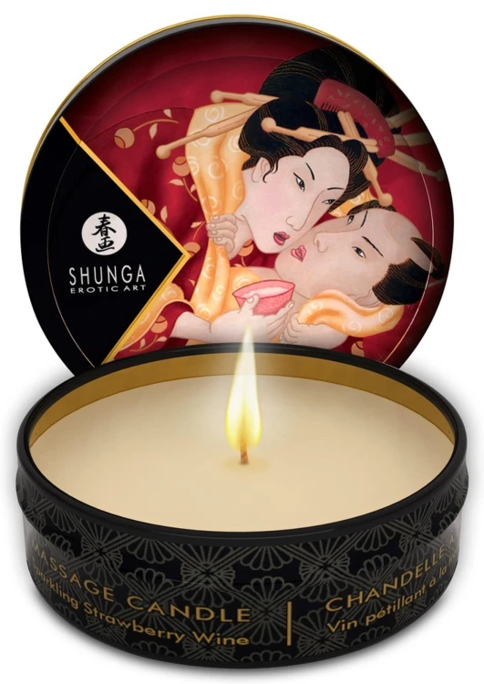 Shunga Mini Świeca do Masażu Truskawka i Szampan 30ml - Wosk Topi się w Olejek