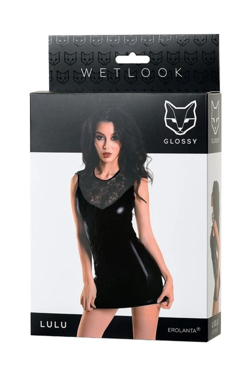 Glossy Lulu czarna sukienka wetlook erotyczna z koronką – rozmiar S