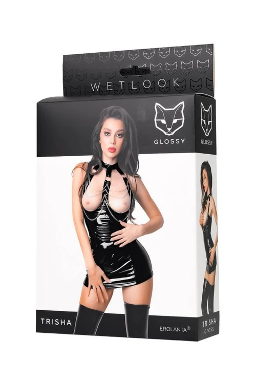 Glossy Trisha – czarna sukienka wetlook, rozmiar M