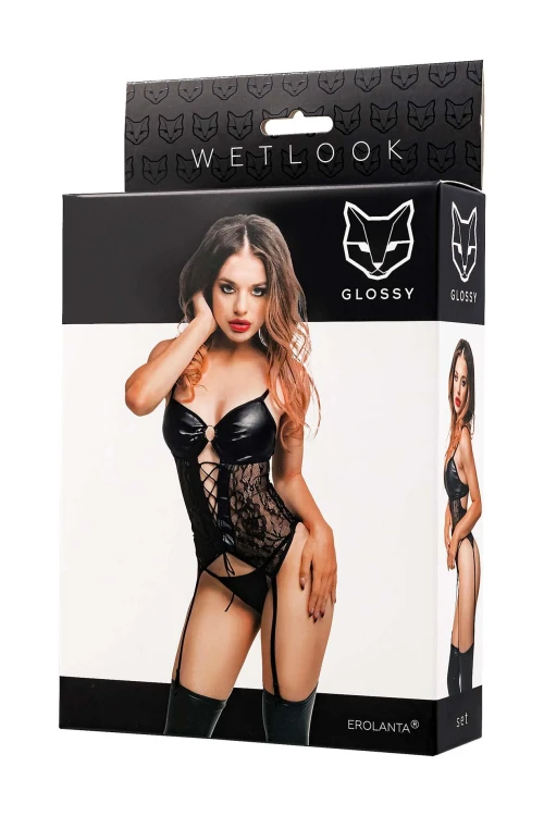 Glossy Miriam, set (top+panties), wetlook, black, L