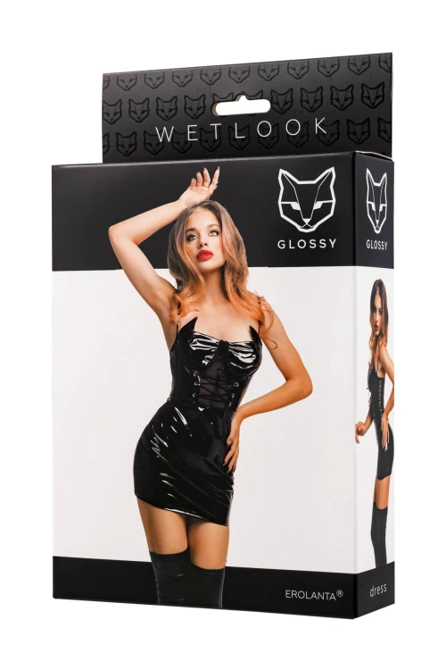 Glossy Mirabell – czarna sukienka wetlook, rozmiar S