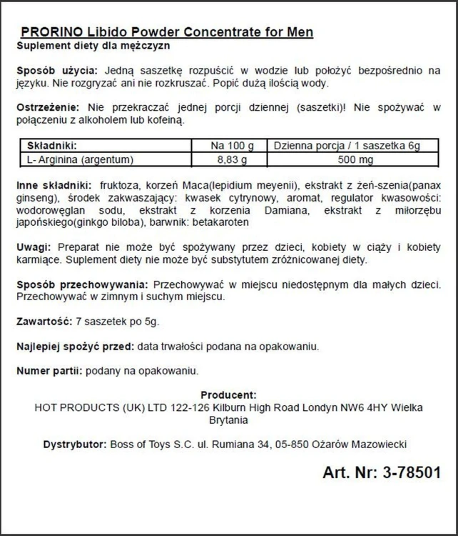 Hot Ero Prorino Black Line – suplement diety na potencję dla mężczyzn 7 saszetek
