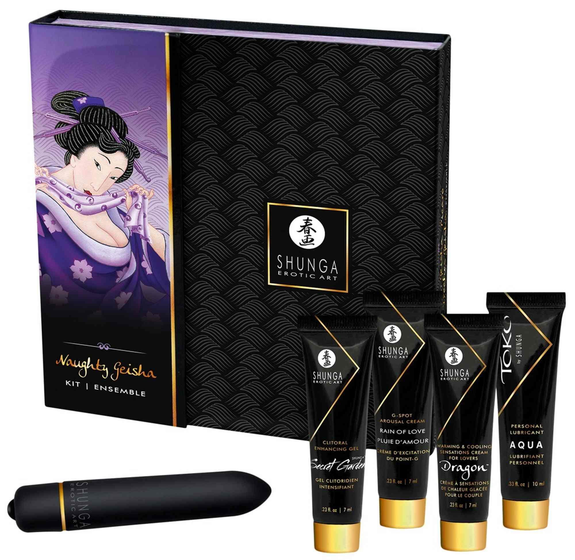 Shunga Naughty Geisha zestaw kosmetyków erotycznych z mini wibratorem