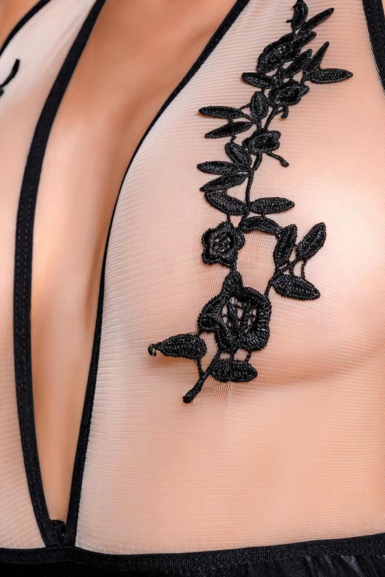 Glossy Kiara – zmysłowe body wetlook z głębokim dekoltem i kwiatowym haftem rozm. M